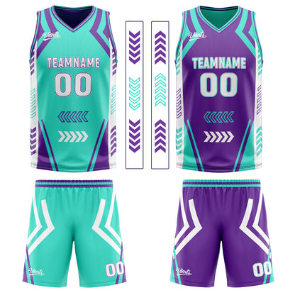 Benutzerdefinierte Cyan Lila Reversible Basketball Jersey Personalisierte Drucken Name Nummer Logo