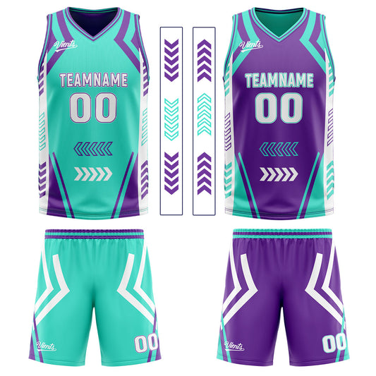 Benutzerdefinierte Cyan Lila Reversible Basketball Jersey Personalisierte Drucken Name Nummer Logo