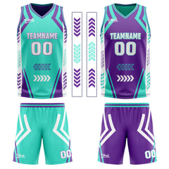 Benutzerdefinierte Cyan Lila Reversible Basketball Jersey Personalisierte Drucken Name Nummer Logo