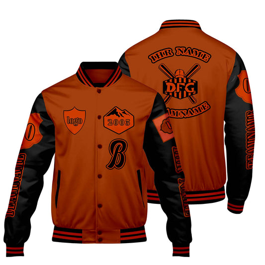 Maßgeschneiderte Orange Schwarz Letterman Varsity Jacket Individuelle Stickerei  Druck nach Ihrem Wunsch