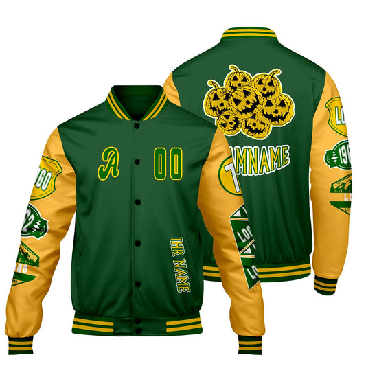 Maßgeschneiderte Grün Gelb Letterman Varsity Jacket Individuelle Stickerei  Druck nach Ihrem Wunsch