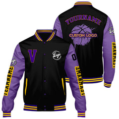 Maßgeschneiderte Schwarz Lila Letterman Varsity Jacket Individuelle Stickerei Druck nach Ihrem Wunsch