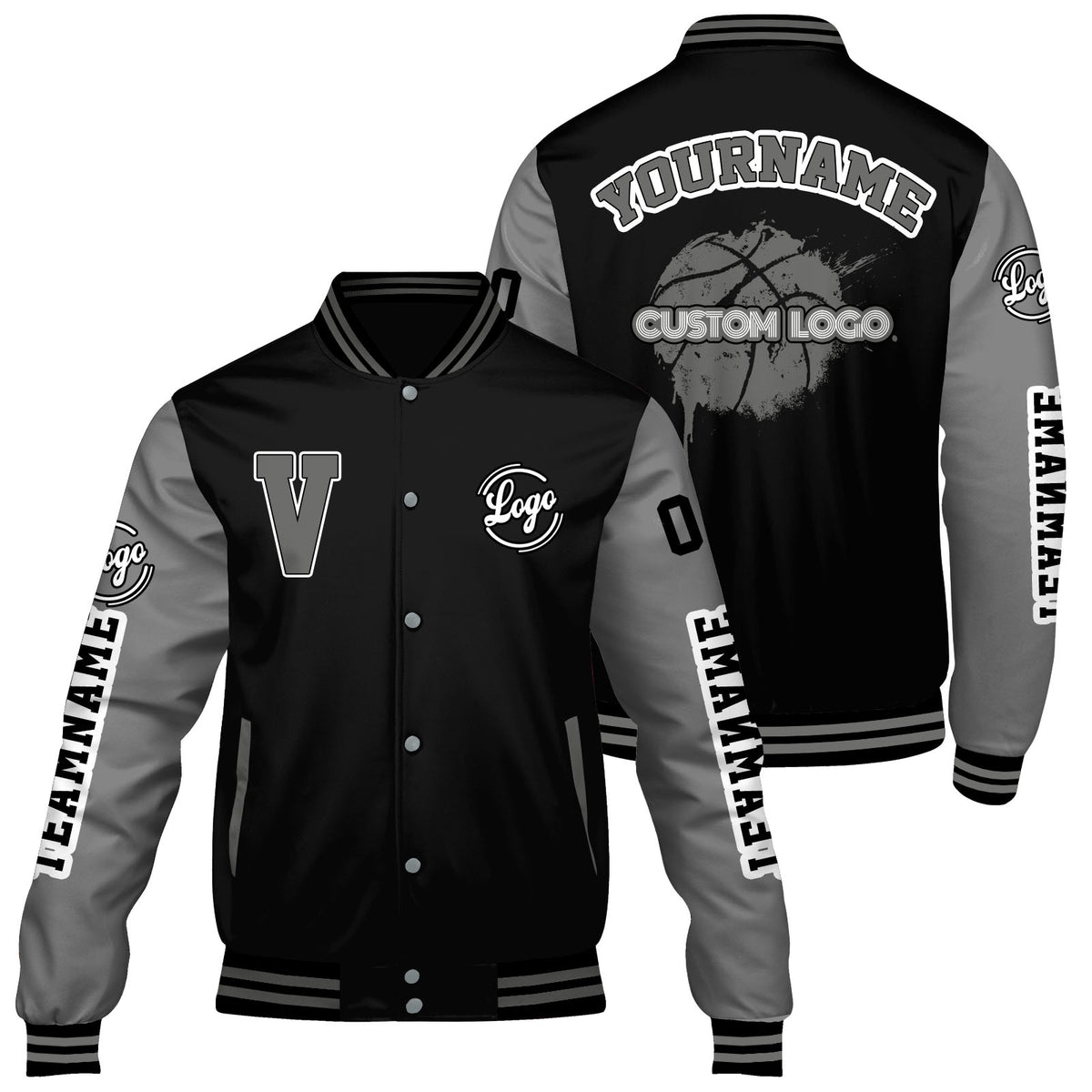 Maßgeschneiderte Schwarzes Grau Letterman Varsity Jacket Individuelle Stickerei Druck nach Ihrem Wunsch