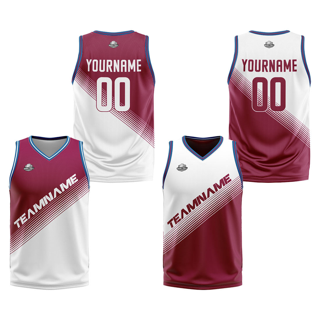 Benutzerdefinierte Rot Weiß Reversible Basketball Jersey Personalisierte Print Name Nummer Logo