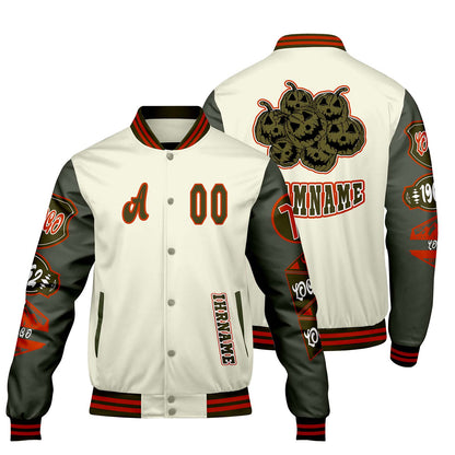 Maßgeschneiderte Weiß Militärgrün Letterman Varsity Jacket Individuelle Stickerei  Druck nach Ihrem Wunsch