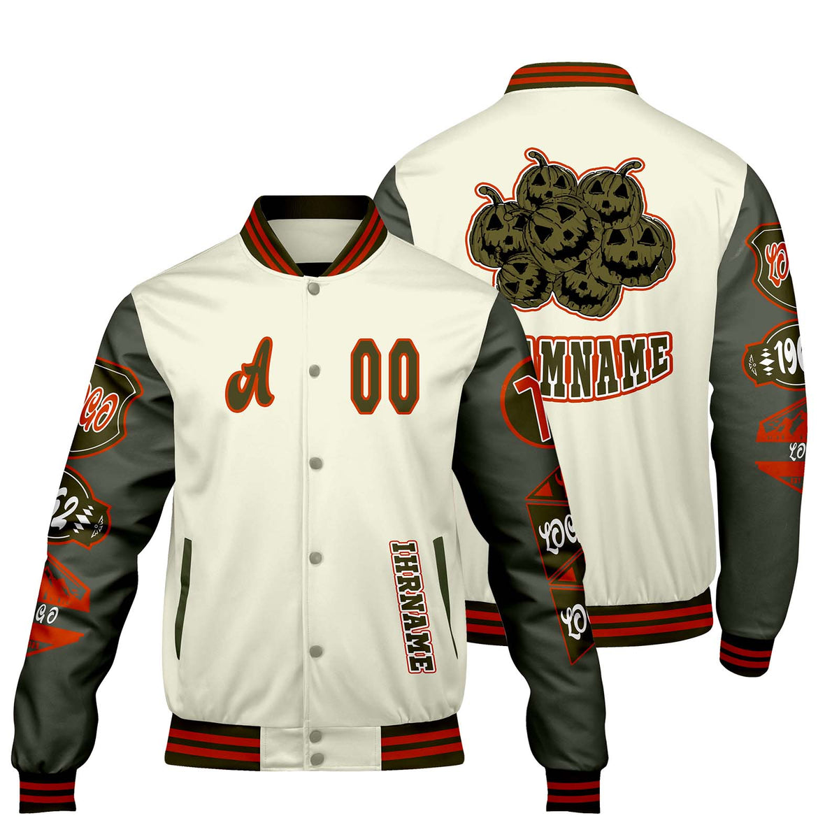 Maßgeschneiderte Weiß Militärgrün Letterman Varsity Jacket Individuelle Stickerei  Druck nach Ihrem Wunsch