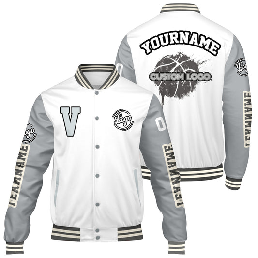 Maßgeschneiderte Weiß Grau Letterman Varsity Jacket Individuelle Stickerei Druck nach Ihrem Wunsch
