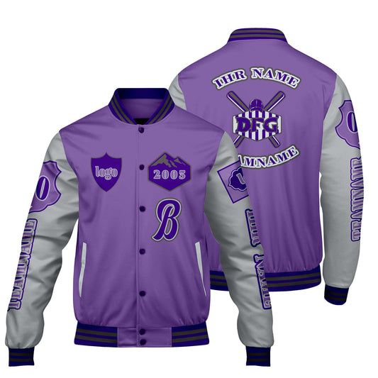 Maßgeschneiderte Lila Lichtgrau Letterman Varsity Jacket Individuelle Stickerei  Druck nach Ihrem Wunsch