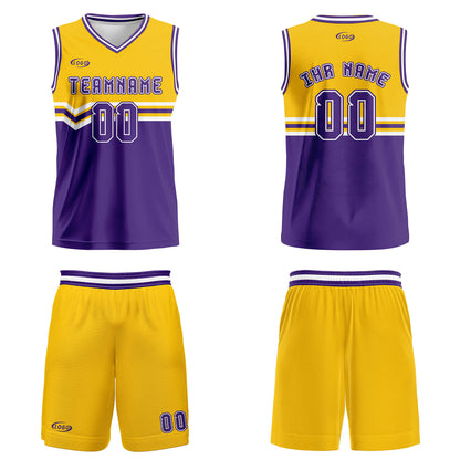 Benutzerdefinierter Gelb Lila Weiß Basketball Jersey Uniform Anzug gedruckt Ihr Logo Name Nummer