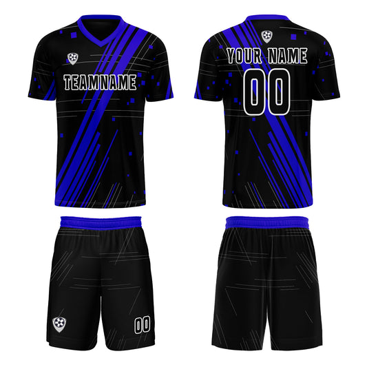 Benutzerdefinierte Schwarz Blau Trikots für Männer Frauen Personalisierte Fußball Uniformen für Erwachsene und Kind