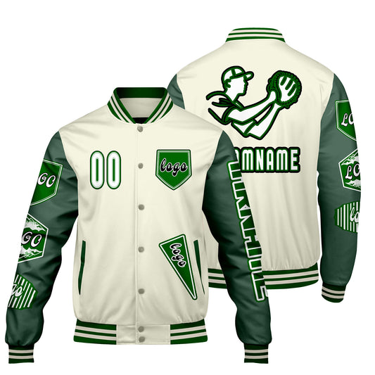 Maßgeschneiderte Weiß Militärgrün Letterman Varsity Jacket Individuelle Stickerei  Druck nach Ihrem Wunsch