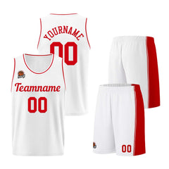 Individuelle Weiß-Rot Basketball Jersey Shorts für Männer und Frauen Gestickter und gedruckter Name, Nummer und Logo