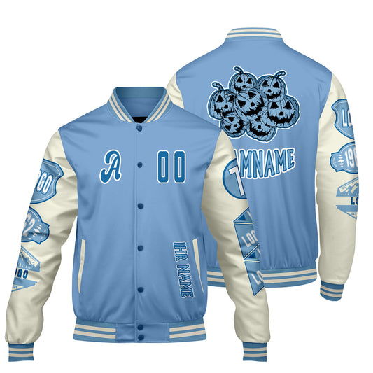 Maßgeschneiderte Blau Weiß Letterman Varsity Jacket Individuelle Stickerei  Druck nach Ihrem Wunsch