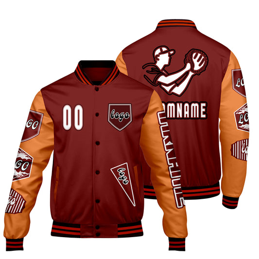 Maßgeschneiderte Rot Orange Letterman Varsity Jacket Individuelle Stickerei  Druck nach Ihrem Wunsch