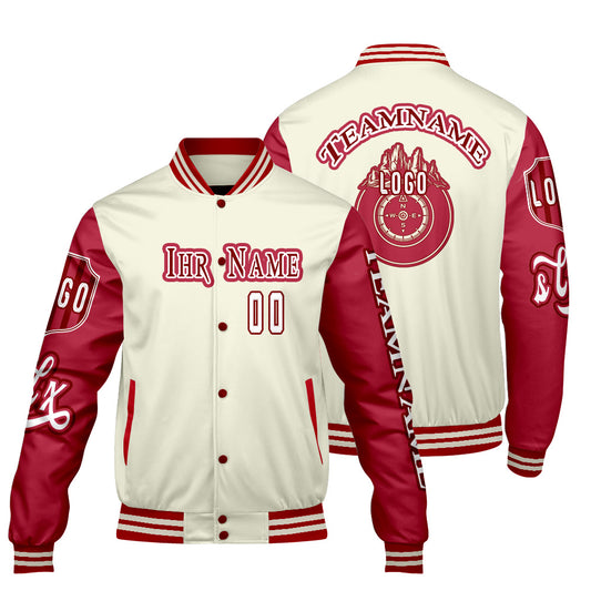 Maßgeschneiderte Weiß Rot Letterman Varsity Jacket Individuelle Stickerei  Druck nach Ihrem Wunsch