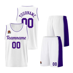 Individuelle Weiß-Lila Basketball Jersey Shorts für Männer und Frauen Gestickter und gedruckter Name, Nummer und Logo