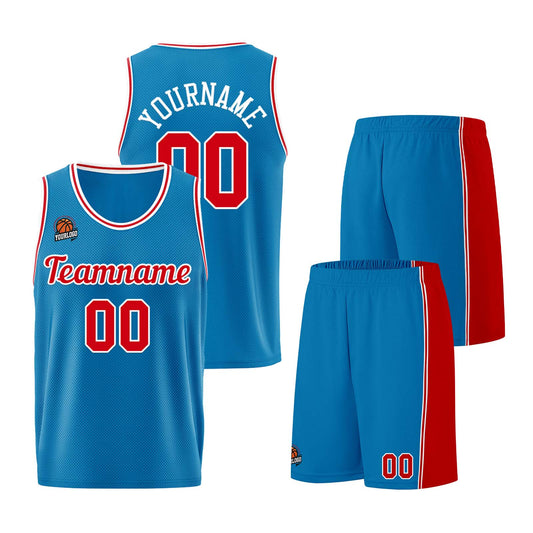 Individuelle Blau-Rot Basketball Jersey Shorts für Männer und Frauen Gestickter und gedruckter Name, Nummer und Logo