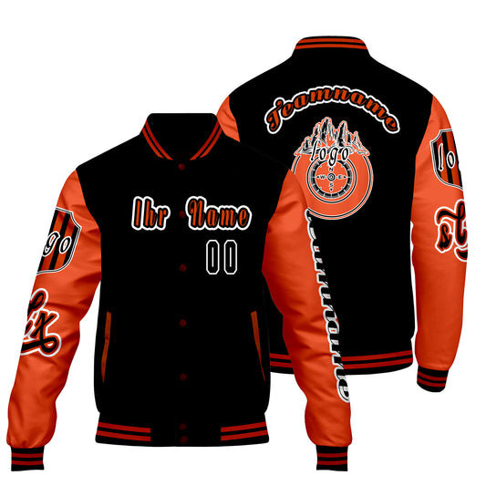 Maßgeschneiderte Schwarz Orange Letterman Varsity Jacket Individuelle Stickerei  Druck nach Ihrem Wunsch
