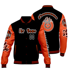 Maßgeschneiderte Schwarz Orange Letterman Varsity Jacket Individuelle Stickerei  Druck nach Ihrem Wunsch