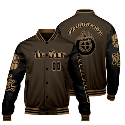 Maßgeschneiderte Braun Schwarz Letterman Varsity Jacket Individuelle Stickerei  Druck nach Ihrem Wunsch
