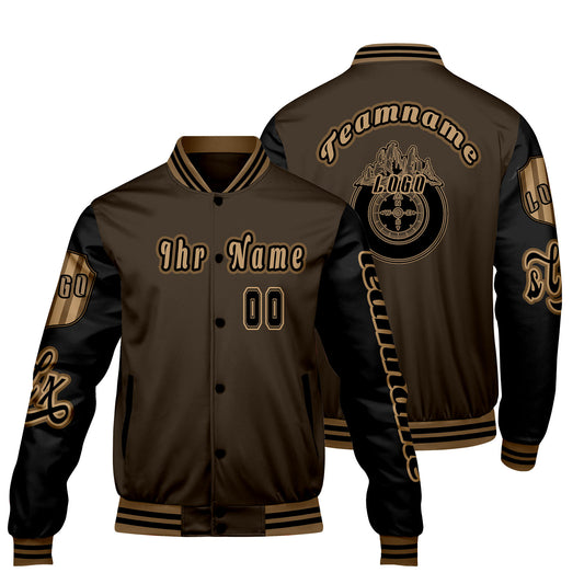 Maßgeschneiderte Braun Schwarz Letterman Varsity Jacket Individuelle Stickerei  Druck nach Ihrem Wunsch