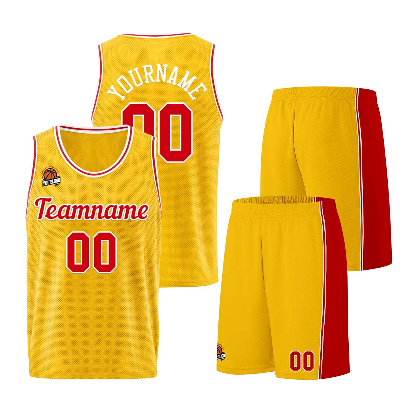 Individuelle Gelb Rot Basketball Jersey Shorts für Männer und Frauen Gestickter und gedruckter Name, Nummer und Logo