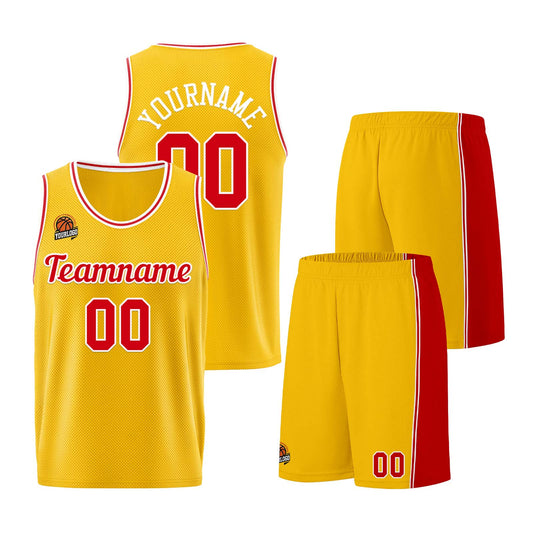 Individuelle Gelb Rot Basketball Jersey Shorts für Männer und Frauen Gestickter und gedruckter Name, Nummer und Logo