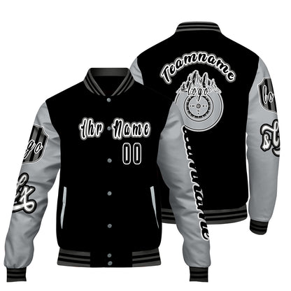 Maßgeschneiderte Schwarz Grau Letterman Varsity Jacket Individuelle Stickerei  Druck nach Ihrem Wunsch