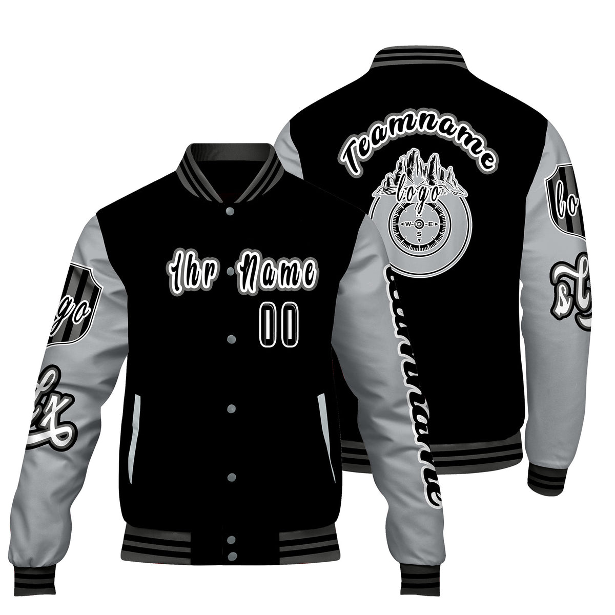 Maßgeschneiderte Schwarz Grau Letterman Varsity Jacket Individuelle Stickerei  Druck nach Ihrem Wunsch