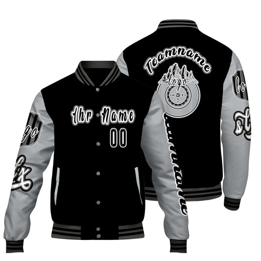 Maßgeschneiderte Schwarz Grau Letterman Varsity Jacket Individuelle Stickerei  Druck nach Ihrem Wunsch