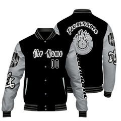Maßgeschneiderte Schwarz Grau Letterman Varsity Jacket Individuelle Stickerei  Druck nach Ihrem Wunsch