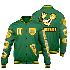 Maßgeschneiderte Grün Letterman Varsity Jacket Individuelle Stickerei  Druck nach Ihrem Wunsch