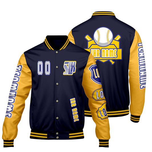Maßgeschneiderte Marine Gelb Letterman Varsity Jacket Individuelle Stickerei  Druck nach Ihrem Wunsch