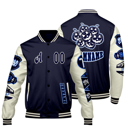 Maßgeschneiderte Marine Weiß Letterman Varsity Jacket Individuelle Stickerei  Druck nach Ihrem Wunsch