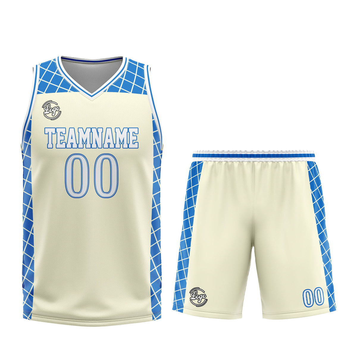 Benutzerdefinierter Creme Blau Basketball Jersey Uniform Anzug gedruckt Ihr Logo Name Nummer