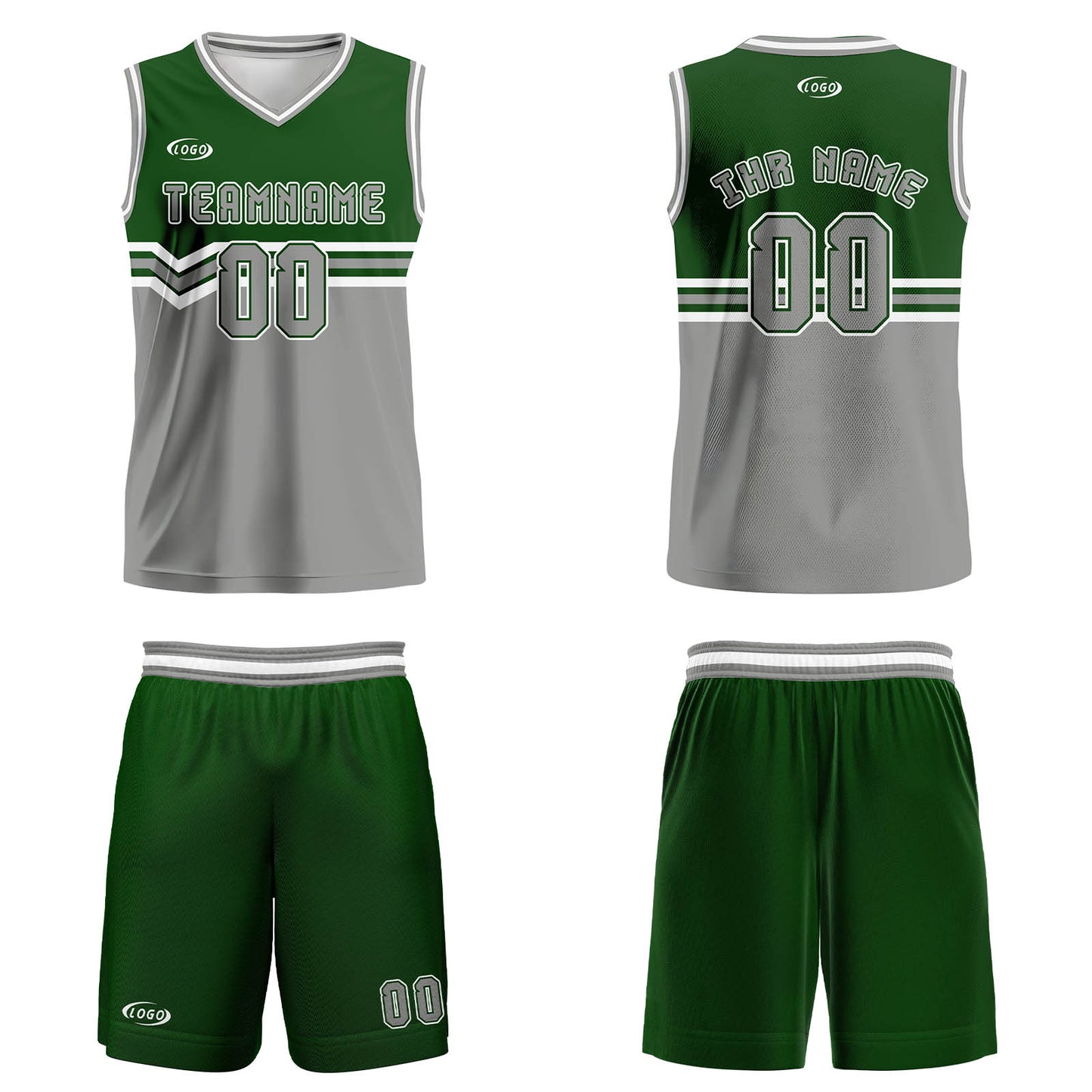 Benutzerdefinierter Grasgrün Grau Weiß Basketball Jersey Uniform Anzug gedruckt Ihr Logo Name Nummer