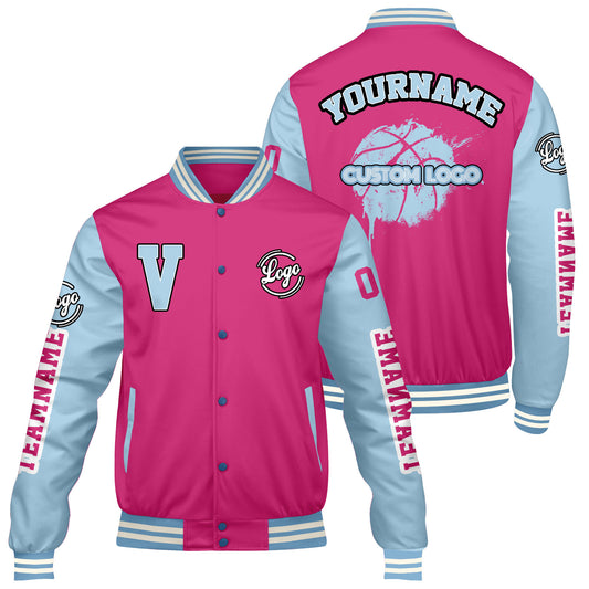 Maßgeschneiderte Rosa Löwenblau Letterman Varsity Jacket Individuelle Stickerei Druck nach Ihrem Wunsch