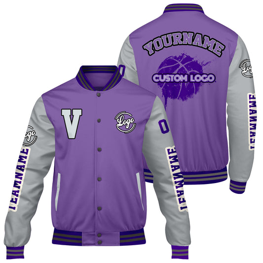 Maßgeschneiderte Lila Grau Letterman Varsity Jacket Individuelle Stickerei Druck nach Ihrem Wunsch