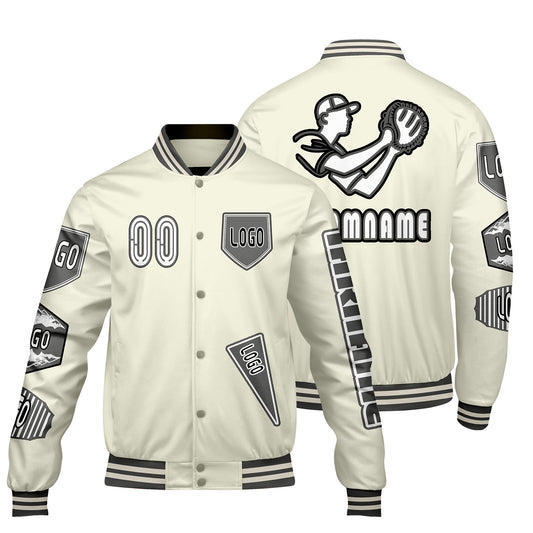 Maßgeschneiderte Weiß Letterman Varsity Jacket Individuelle Stickerei  Druck nach Ihrem Wunsch