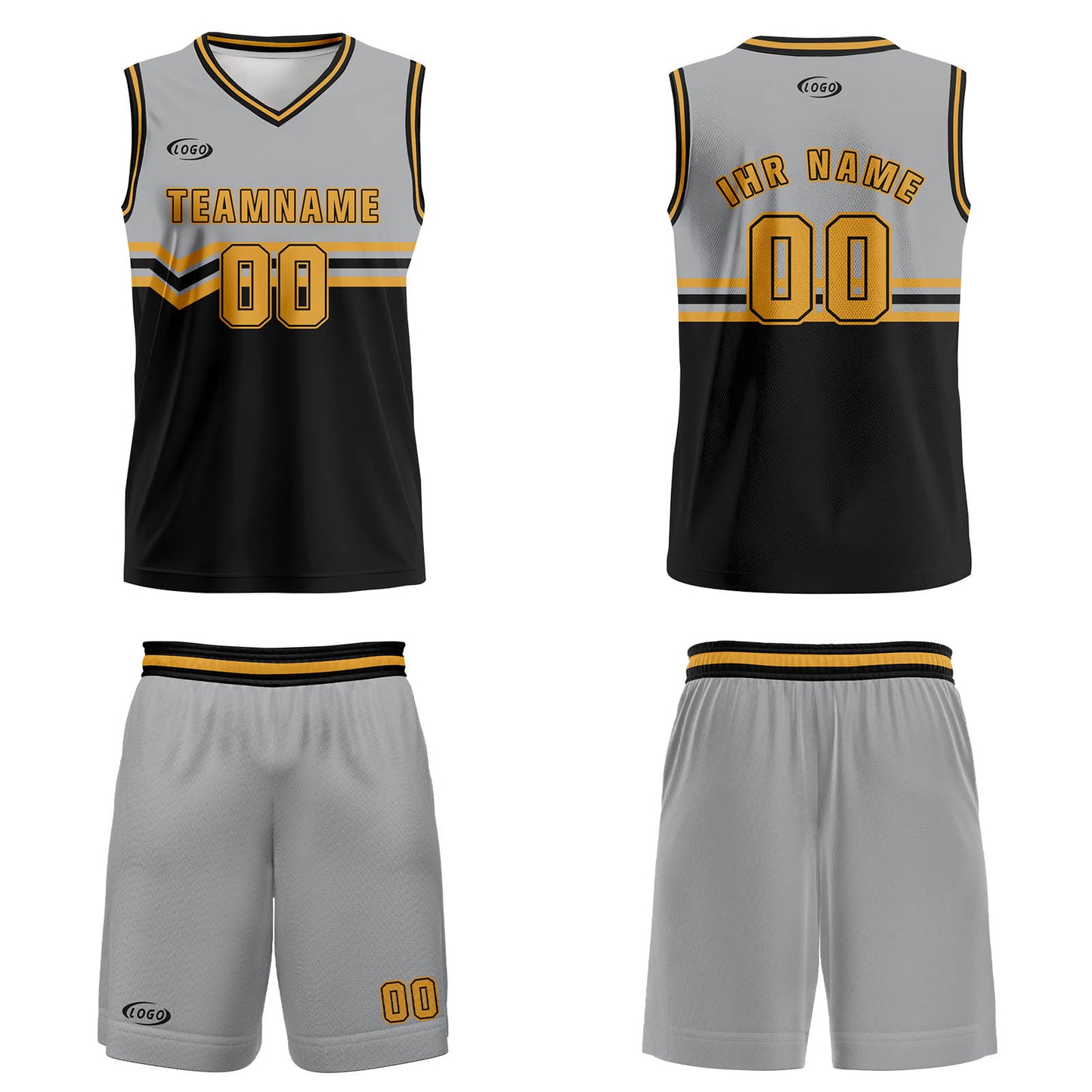 Benutzerdefinierter Grau Schwarz Gelb Basketball Jersey Uniform Anzug gedruckt Ihr Logo Name Nummer