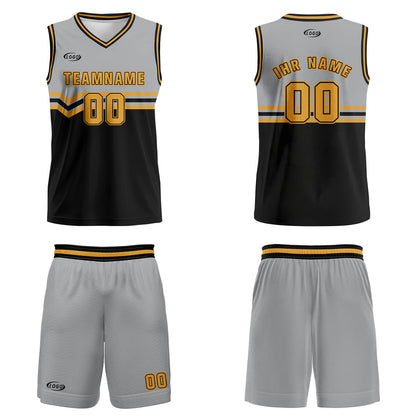Benutzerdefinierter Grau Schwarz Gelb Basketball Jersey Uniform Anzug gedruckt Ihr Logo Name Nummer
