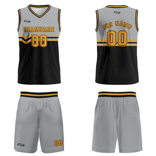 Benutzerdefinierter Grau Schwarz Gelb Basketball Jersey Uniform Anzug gedruckt Ihr Logo Name Nummer