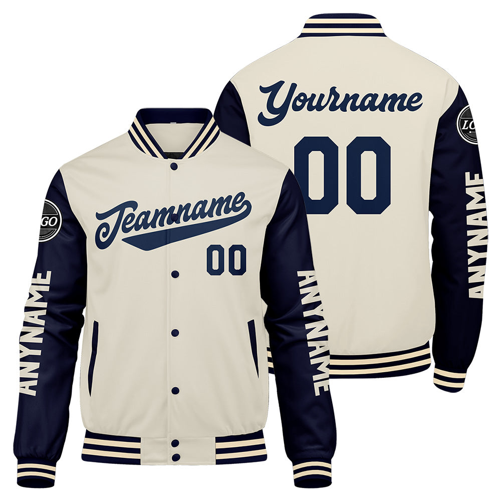 Maßgeschneiderte Marine Creme Letterman Varsity Jacket Individuelle Stickerei Druck nach Ihrem Wunsch