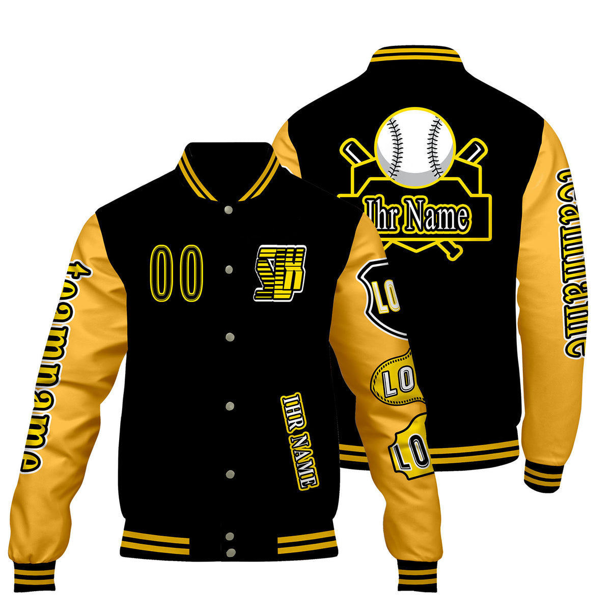 Maßgeschneiderte Schwarz Gelb Letterman Varsity Jacket Individuelle Stickerei  Druck nach Ihrem Wunsch