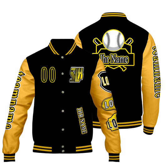 Maßgeschneiderte Schwarz Gelb Letterman Varsity Jacket Individuelle Stickerei  Druck nach Ihrem Wunsch