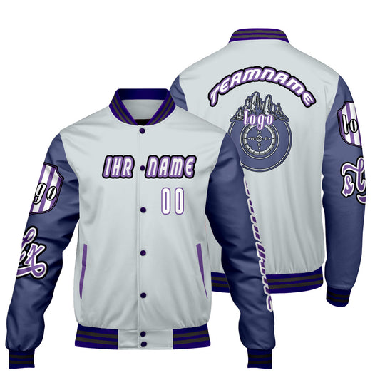 Maßgeschneiderte Grau Lila Letterman Varsity Jacket Individuelle Stickerei  Druck nach Ihrem Wunsch