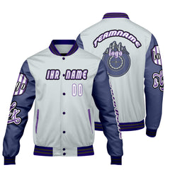 Maßgeschneiderte Grau Lila Letterman Varsity Jacket Individuelle Stickerei  Druck nach Ihrem Wunsch