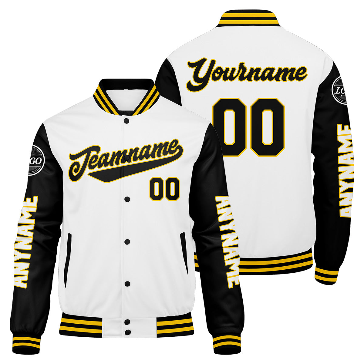 Maßgeschneiderte Schwarz Weiß Gelb Letterman Varsity Jacket Individuelle Stickerei Druck nach Ihrem Wunsch
