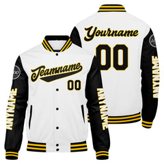 Maßgeschneiderte Schwarz Weiß Gelb Letterman Varsity Jacket Individuelle Stickerei Druck nach Ihrem Wunsch