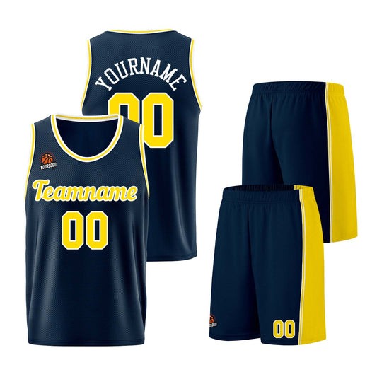 Individuelle Dunkelblau-Gelb Basketball Jersey Shorts für Männer und Frauen Gestickter und gedruckter Name, Nummer und Logo